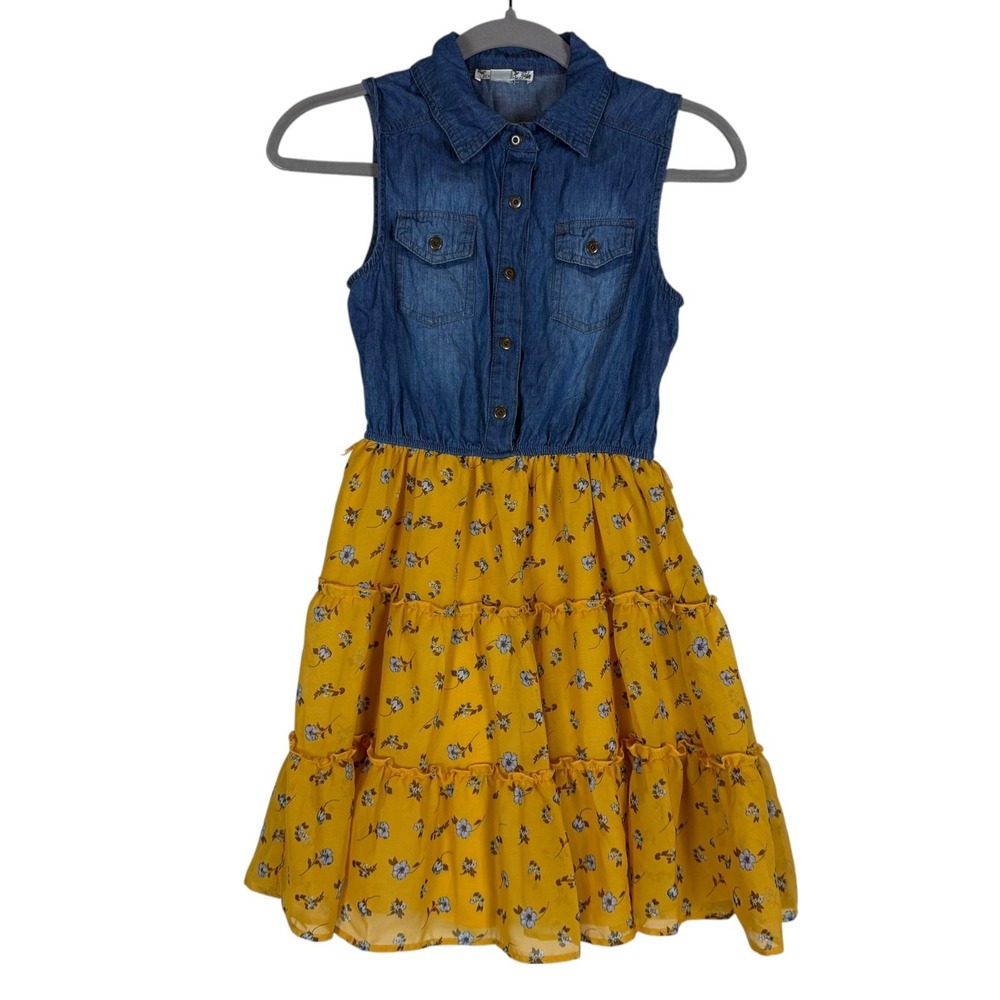 Knitworks Dress Girls 12 Blue Yellow Floral Denim Shirt Sleeveless Ruffle Lined